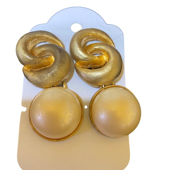 2" x 7/8" Vintage Gold-Tone Clip-On Earrings With Faux Pearls & Abstract Design - Picture 1 of 10